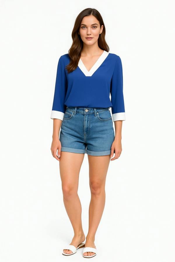 Hoxton Gal Oversized Top With White Tape Collared Details In Blue