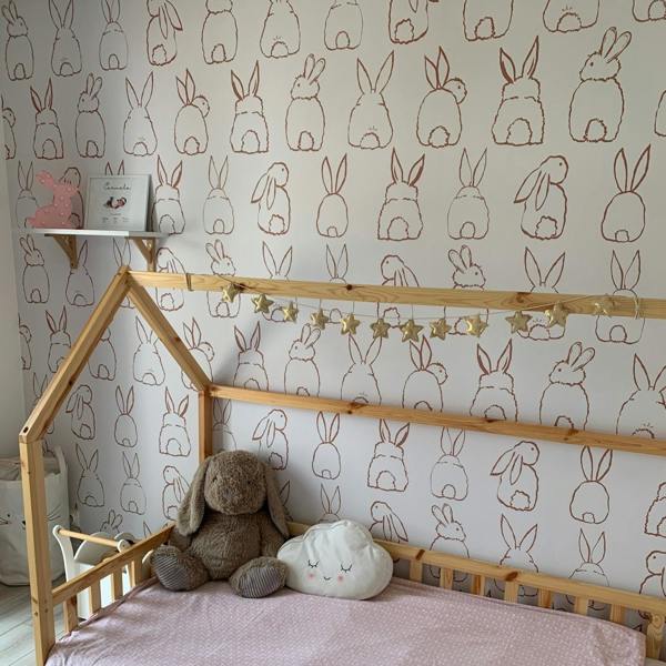 Roomblush Nursery Bunnies 4 Lane Repeatable Wallpaper Mural 200 x 285cm, Neutral Terracotta