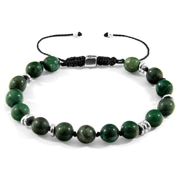 Anchor & Crew Green Jade Agaya Silver and Stone Beaded Macrame Bracelet