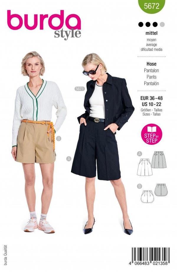 Burda Sewing Pattern 5672 Shorts For Women, 10 to 22 - Intermediate