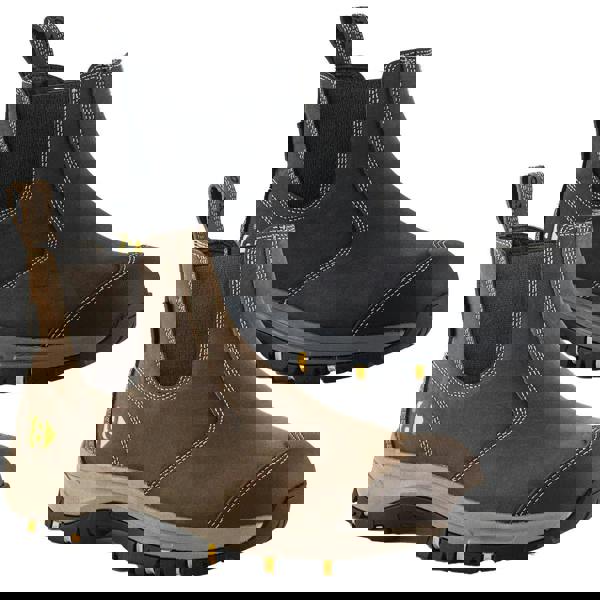 Buckbootz WIZD2 Mens Pull On S7S Dealer Chelsea Safety Ankle Boots, black and brown slip-on steel toe work boots with rugged soles.