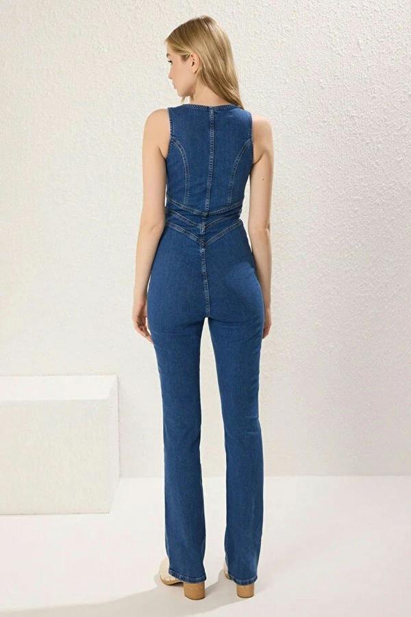 Round Neck Long Sleeve Fitted Denim Jumpsuit