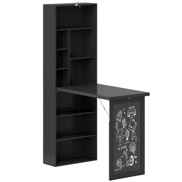 Black work desk with open storage shelves and chalkboard panel front, dark desktop