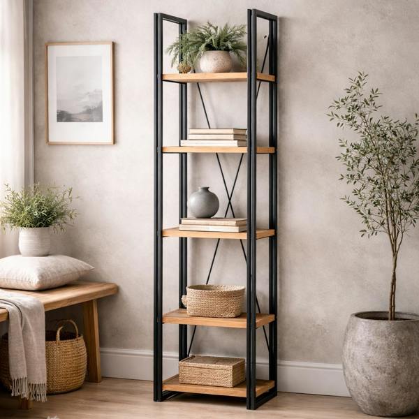 Wyld Haus Toivakka Industrial Reclaimed Wood and Metal Narrow Bookcase 5 Shelves