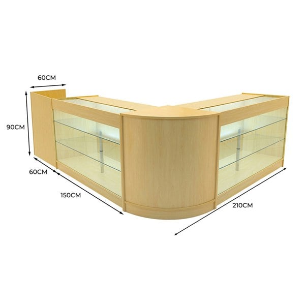 Maple Aries LED shop counter set featuring a modern design with glass display shelves, measuring 210cm by 90cm, ideal for retail spaces