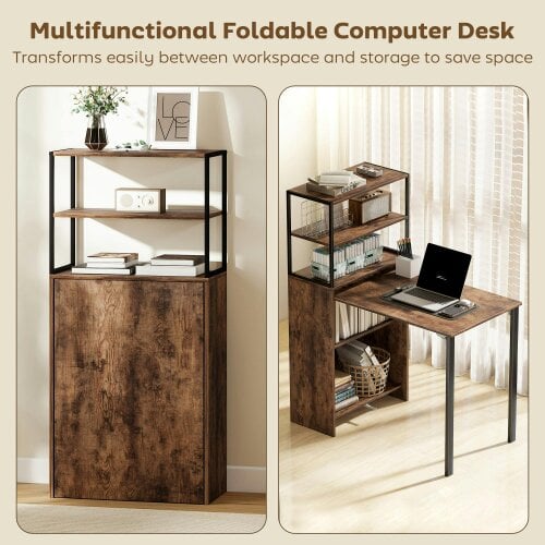 Wyld Haus Serana 105cm Wooden Brown Folding Work Table With Integrated Shelving