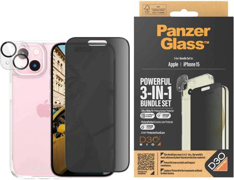 PanzerGlass Panzer Glass Privacy Powerful 3 in 1 Bundle Pack for iPhone 15 6.1" - B1172+P2809