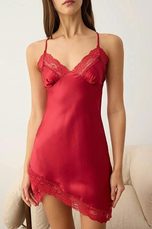 WOVCOR Lace and Slit Detail Strappy Satin Woven Nightdress