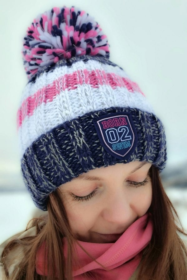 SuperBobble Rib Knit Beanie Bobble Hat - Navy Pink