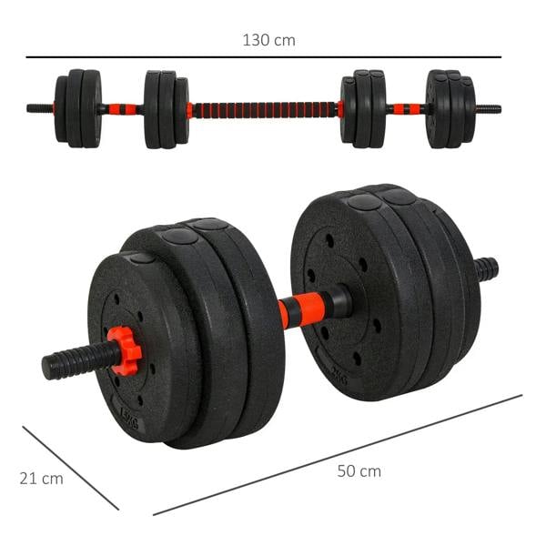 Adjustable dumbbell-to-barbell weight set with black plates, red knurling, and end caps