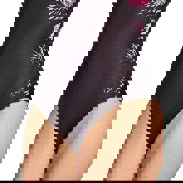 Black Zoggs safari leaf scoopback swimsuit with pink flowers