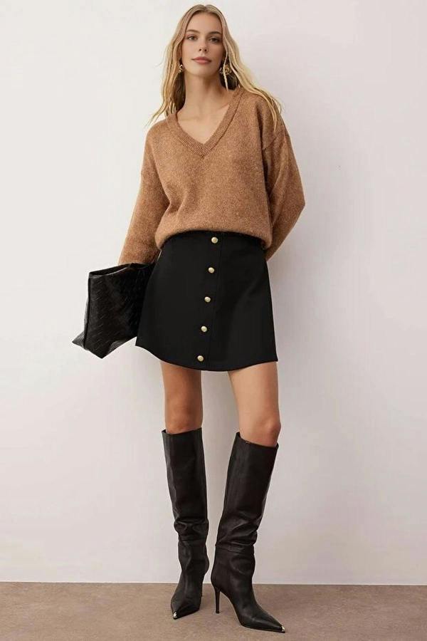 WOVCOR A-line Knit Mini Skirt with Buttons
