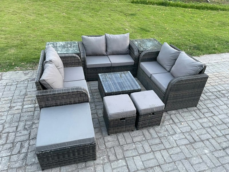 Fimous 9 Seater Outdoor Garden Furniture Sets Wicker Rattan Furniture Sofa Sets with Square Coffee Table Love seat Sofa 3 Footstools 2 Side Tables