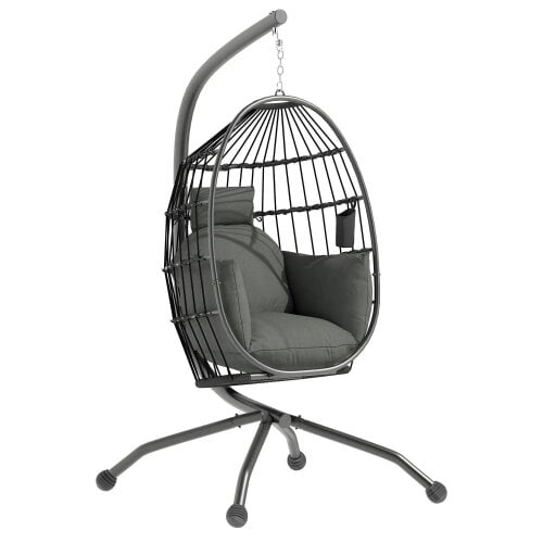 Bobobiy Hanging Egg Chair Garden Swing Chair with Folding Basket and Thickened Cushion, Garden Hanging Chair with Stand, Cup Holder, Dark Grey