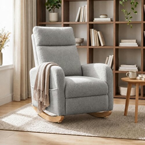 HOMCOM Modern High Back Sherpa Fleece Leisure Rocking Chair, Light Grey