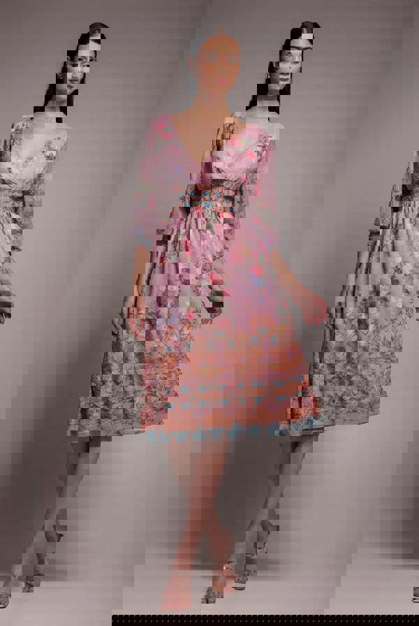 Chiffon Wrap Border Floral Print Midi Dress - Pink DR4333