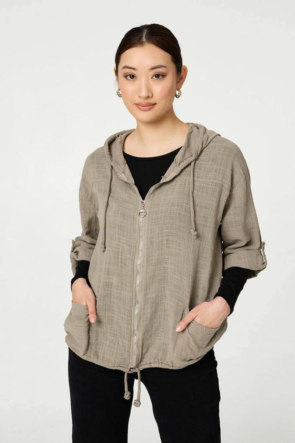 Stone | 3/4 Sleeve Hooded Zip Front Jacket : Model is 5'9"/175 cm and wears UK8/EU36/US4/AUS8