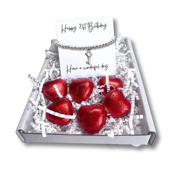 Aye Do Gifts 21st Birthday Gift Box, Silver Key Bracelet & Chocolate Hearts
