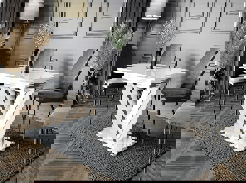 Modern dining room table with white gloss surface and stone effect accents – DUBAI.