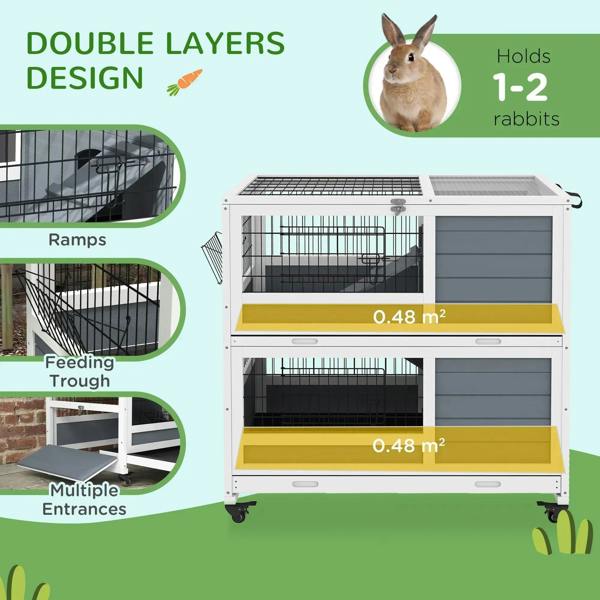 Grey double-decker cage with internal ramps and feeding troughs in each level