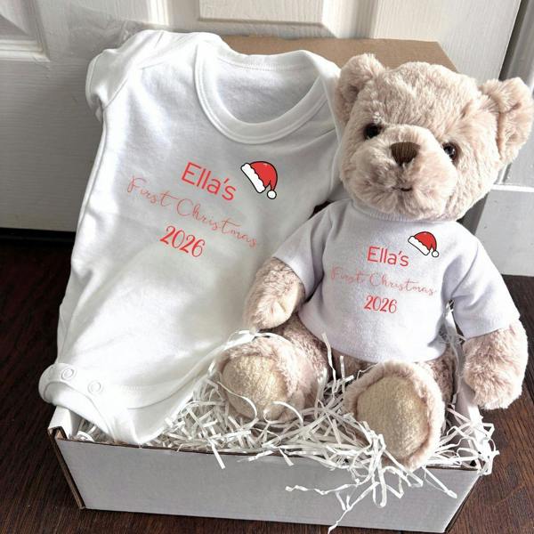Personalised First Christmas Santa Hat Baby Gift Box - Teddy & Vest