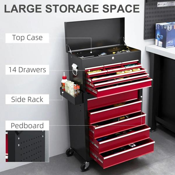 Tool storage chest with top case and side rack, red drawers, on wheels