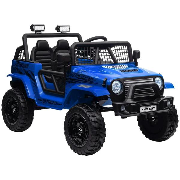 Blue kids electric ride-on truck with front headlights, grille, black seats, and roll bars