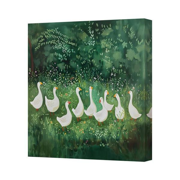 Benjamin Tate Design Whimsical Geese in a Lush Green Meadow Canvas Art Print
