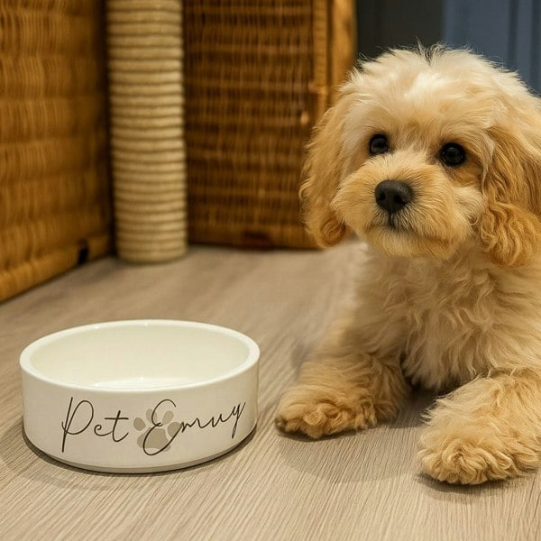 Pet EMVY Grey Paw Print Name 15 cm Medium Pet Bowl