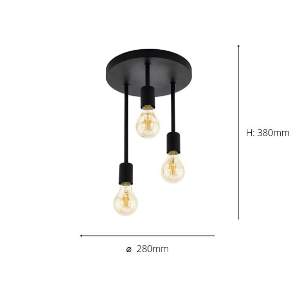 EGLO Wilmcote 3-Light Black Ceiling Light With Exposed Bulbs