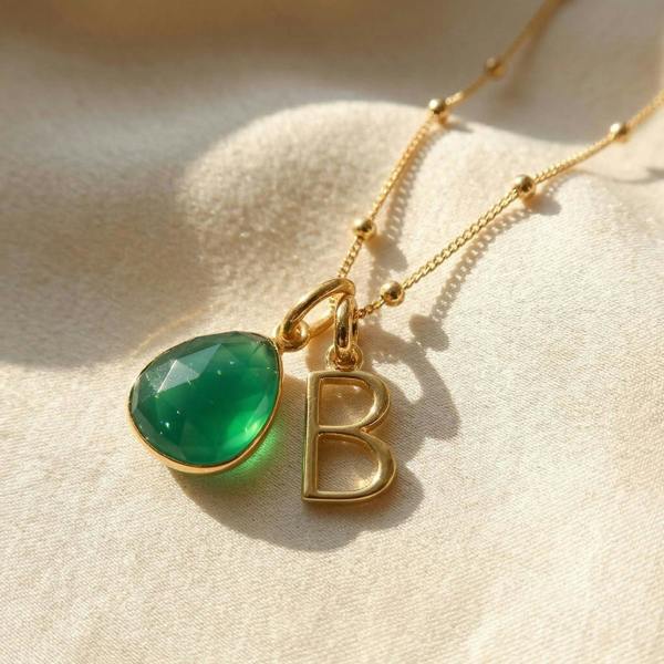 Harfi 18ct Gold Plated Green Onyx May Birthstone Initial Necklace
