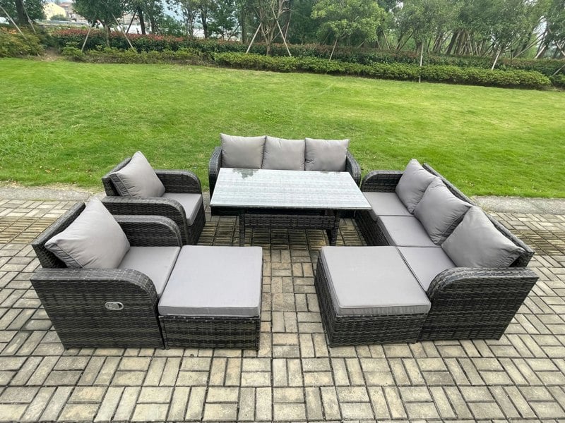 Fimous Patio Rattan Garden Furniture Set with Oblong Rectangular Dining Table 10 Seater Outdoor Lounge Sofa Set Dark Grey Mixed