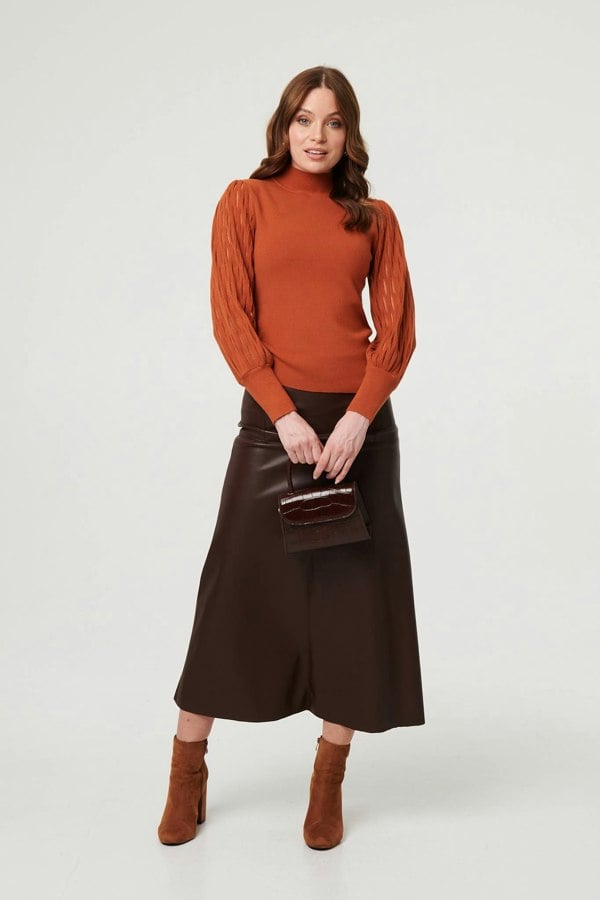 Rust | High Neck Textured Long Sleeve Jumper
