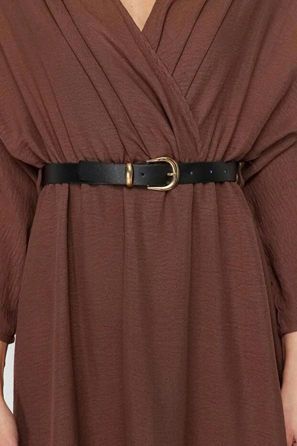 Belted A-Line Wrap Collar Batwing Sleeve Midi Dress