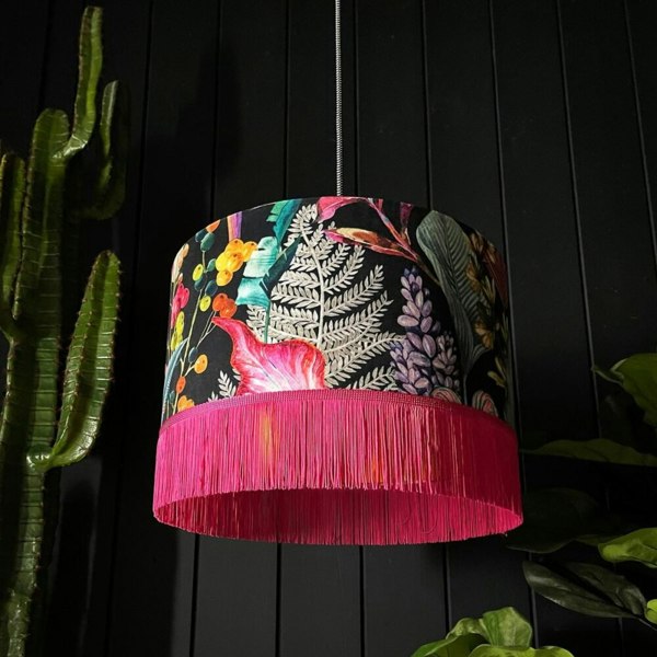 Trippy Tropical Acid Jungle Velvet Lampshade With Pink Fringing