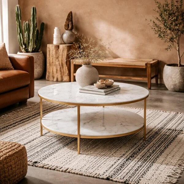 Wyld Haus Vodskov White Marble Top Round Coffee Table Gold Legs