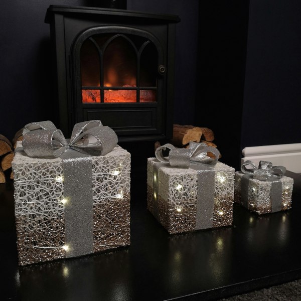 Samuel Alexander Set of 3 Battery Operated Gold Sparkly Christmas Gift Boxes with LEDs
