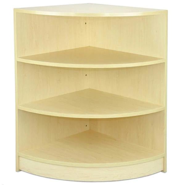 Venus Maple corner shop counter with four spacious shelves, featuring a light maple finish and smooth, rounded edges for a modern retail display