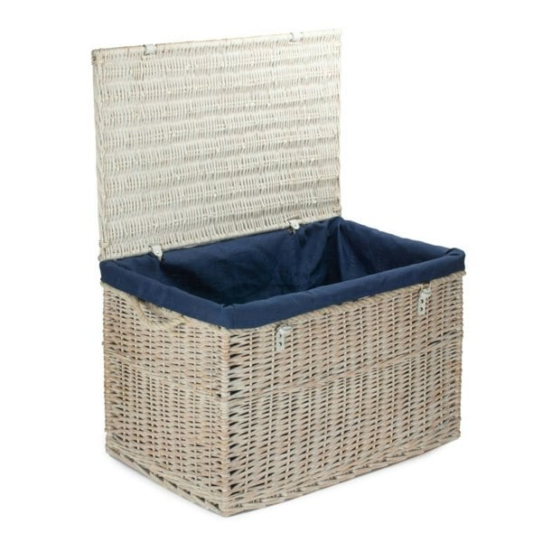 Large White Wash Storage Hamper With Navy Lining Wicker Basket