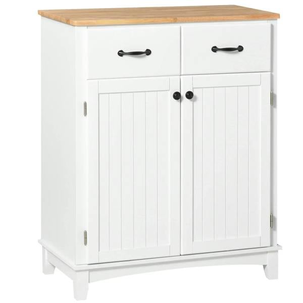 White kitchen cupboard with two drawers, two panel doors, and black metal handles
