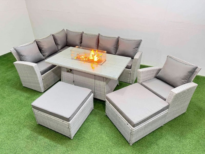 Fimous Rattan Corner Sofa Chair Set Outdoor Furniture Garden Dining Sets Gas Fire Pit Table with Temper Glass 2 Big Footstools Light Grey Mixed