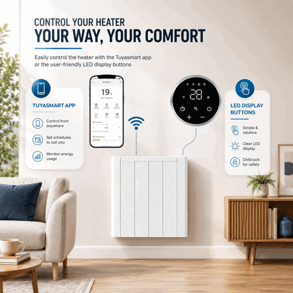 MYLEK Electric Ceramic Radiator Panel Heater WIFI Smart APP Eco 1000W Bathroom Safe Wall Mounted Timer Thermostat