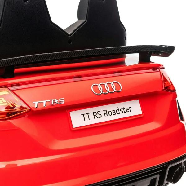 Red rear panel of Audi TT RS Roadster ride-on car with TT RS logo and license plate