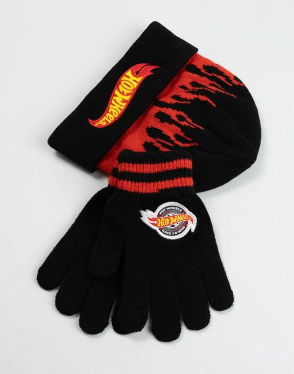 Hot Wheels Unisex Kids Black Character Beanie and Gloves Set (One Size)