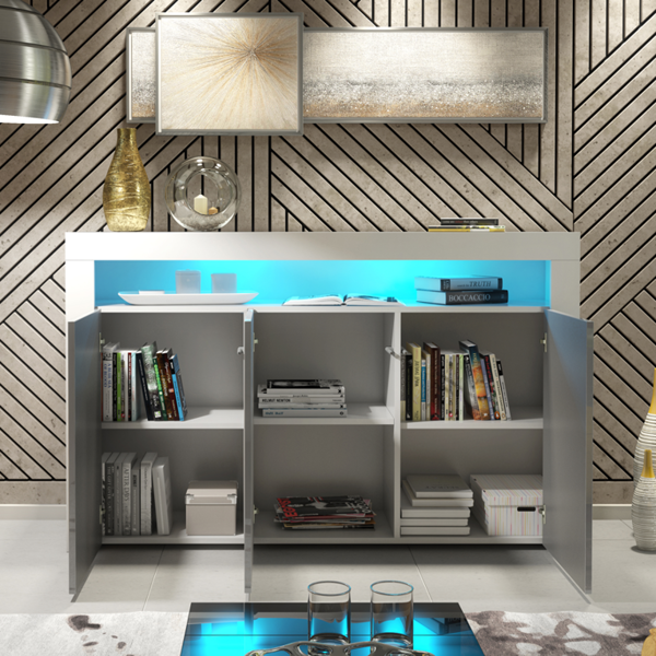 Mex Furniture 155cm Sideboard TV Stand Cupboard Cabinet – Grey High Gloss Doors with Free LED