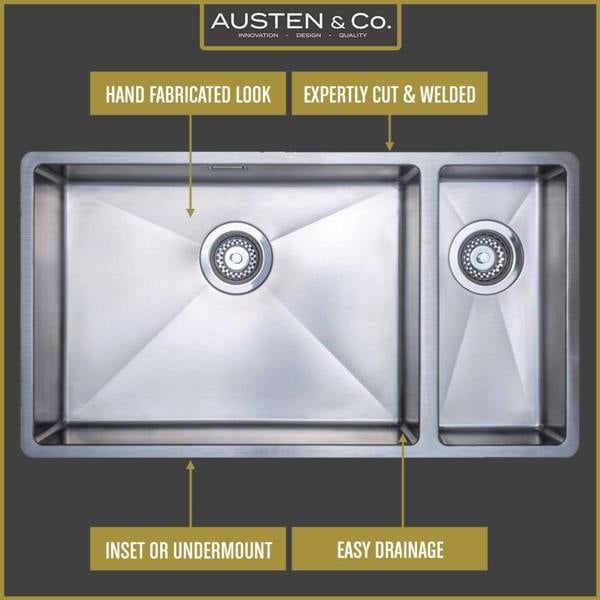 Austen & Co. Como Stainless Steel Extra Large Inset & Undermount 1.5 Bowl Kitchen Sink - Right Hand Main Bowl