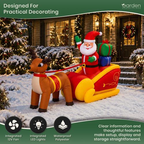 Garden Marketplace 1.8m Inflatable Santa & Reindeer Christmas Decoration with LED Lights Self Inflating Waterproof Outdoor Decor