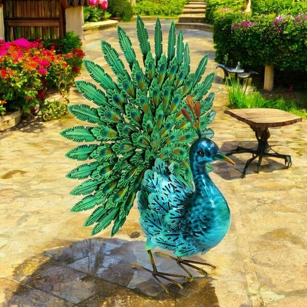 EDH Door Hardware Vibrant Emerald Peacock (48cm x 43cm x 21cm) – Handcrafted Decorative Peacock Garden Ornament Farmyard Statue