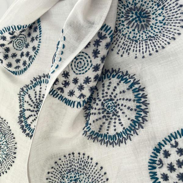 Hayley & Co Hand Embroidered 100% Linen Scarf in Light Grey and Blue