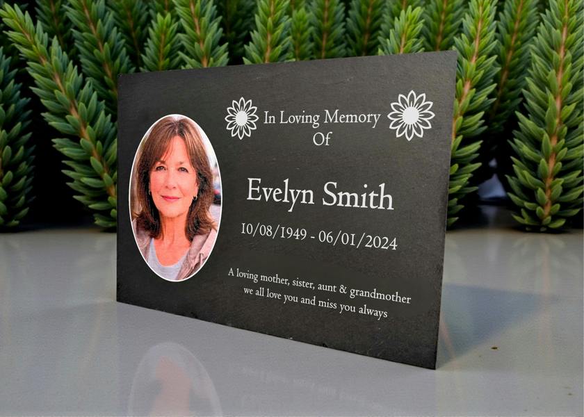 Memorials Direct Photo Slate Memorial Plaque, Sunflower, Add a Portrait & Personalised Text | 35×25cm (14×10”)